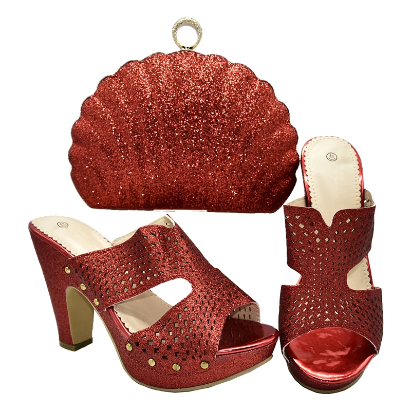 Сумочка и обувь; женский свадебный комплект из итальянских туфель и сумочки; сумка со стразами и обувь в нигерийском стиле; вечерние женские Босоножки на каблуке - Цвет: Красный