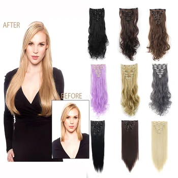

24" Straight Natural Clip In Hair Extensions Long 8 Pieces Soft Silky Full Head Long Curly Wave Synthetic Hair Extensions