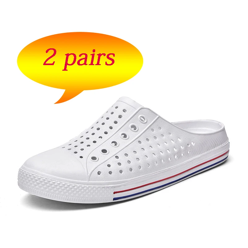 2 пары; Летняя мужская обувь; уличные пляжные шлепанцы для пар; шлепанцы унисекс; дышащие шлепанцы с перфорацией в виде морской речки; zapatos hombre - Цвет: Белый