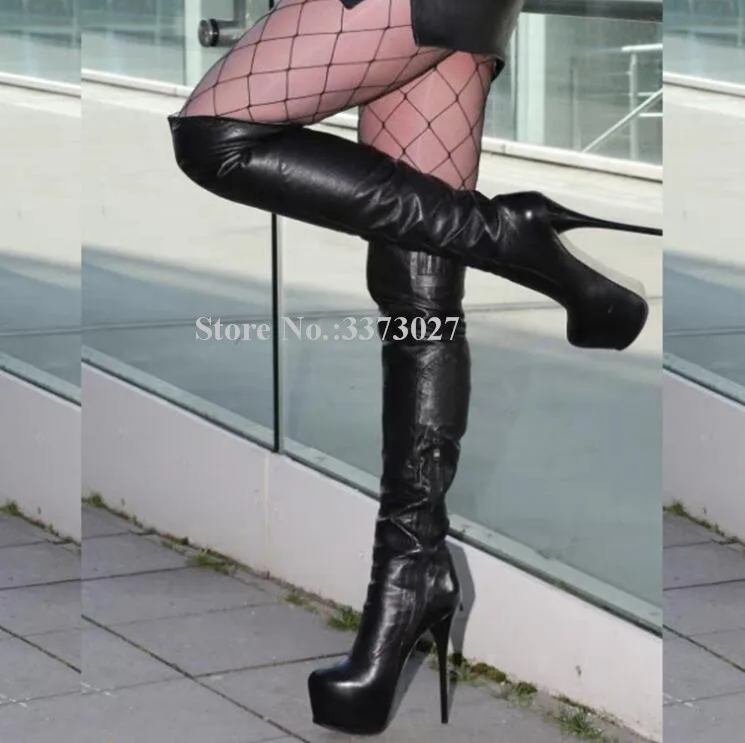 Модные женские черные кожаные высокие сапоги на платформе Новые ботфорты на шпильке пикантная женская одежда большого размера обувь для