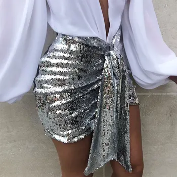 

chic solid gold silver lady bodycon skirt 2019 winter ties sexy evening party skinny empire sequined mini pencil skirts