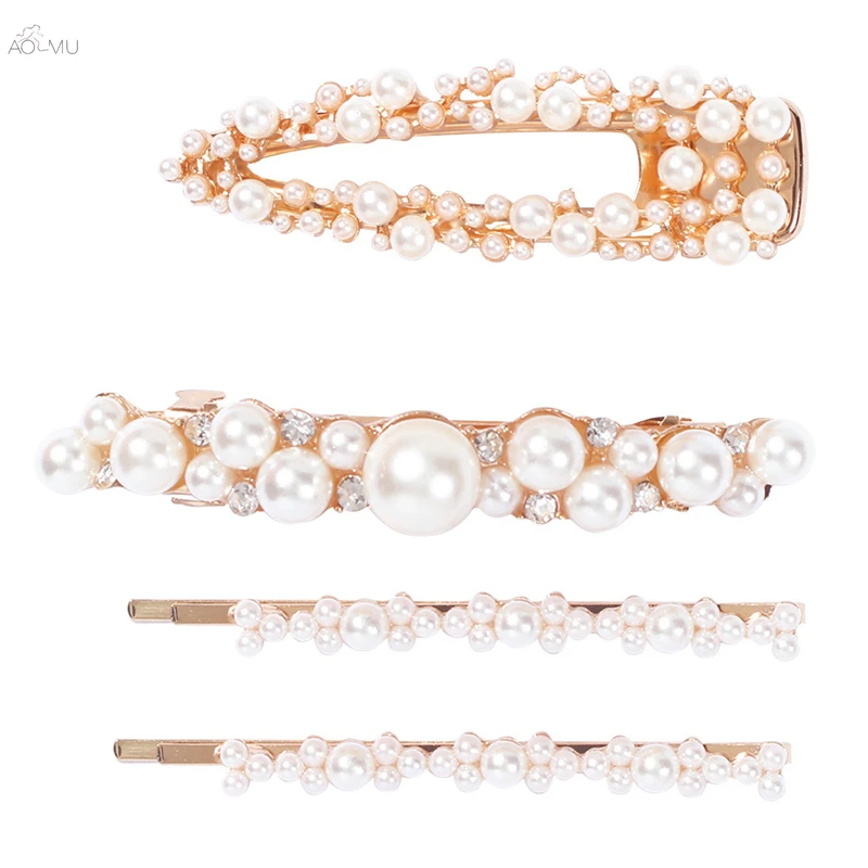 

AOMU 1PC Fashion Imitiation Pearl Metal Hairpins Women Shiny Crystal Rhinestones Hair Clips Gold Color Hair Barrette Accessories