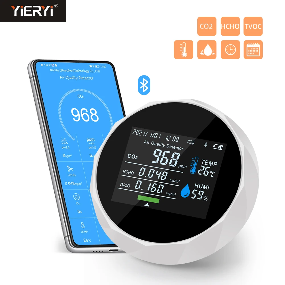 Indoor CO2 Detector, GOLDCHAMP Bluetooth APP Air Quality Monitor,  Formaldehyde HCHO TVOC Detector, CO2, Temperature, Humidity Monitoring with  Time and