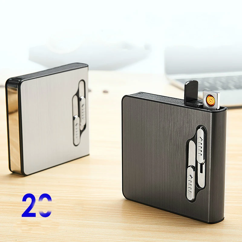 Креативный чехол для 20 сигарет, электронная USB Зажигалка, металлическая коробка для сигарет, ветрозащитные автоматические всплывающие зажигалки