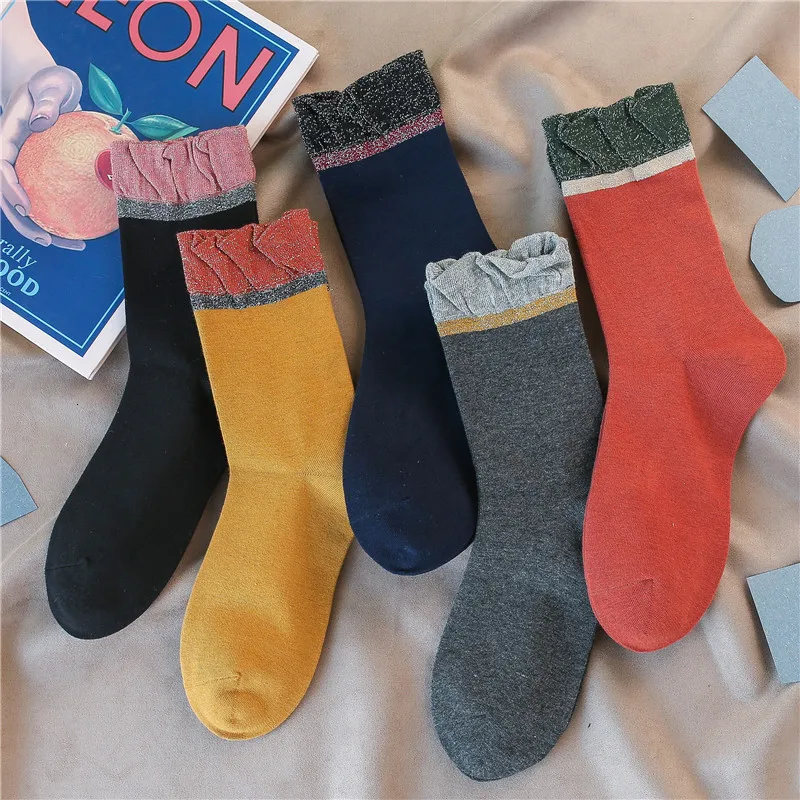 SP& CITY/5 пар, винтажные шелковые носки золотистого и серебристого цветов, женские удобные носки в стиле пэчворк Harajuku, дышащие повседневные носки, трендовые носки