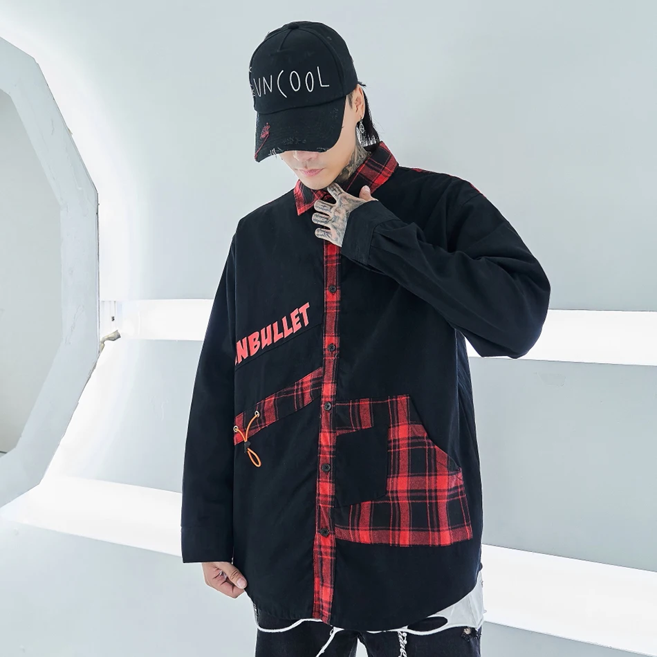 Мужская клетчатая рубашка, Camisas Hombre, прошитая, оригинальная, уличная, негабаритная, с принтом, прошитая, мужская клетчатая рубашка