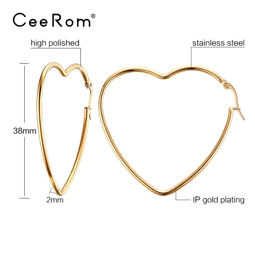 Heart Gold Color CeeRom классические серьги-кольца в форме сердца, серьги золотистого цвета из нержавеющей стали, серьги для женщин, ювелирные изделия oorbellen Pendientes Mujer Moda - Окраска металла: Heart Gold Color