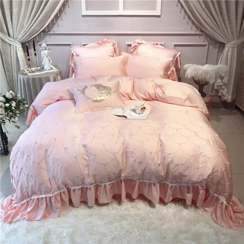 Розовый постельное белье из ткани тенцель, 4 штуки/Набор/7 шт. queen King size комплект постельного белья с оборками Одеяло Русалка с вышивкой пододеяльник простынь Комплект постельного белья