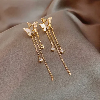 

Electroplated 925 Silver Butterfly Tassel Earring South Korea Trend Gas Textured Ear Stud Long Ear St
