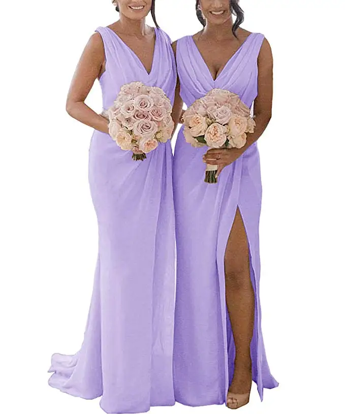 MYYBLE Для женщин двойной V образным вырезом оборками разрез шифоновое платье подружки невесты длинное торжественное платье для выпускного вечера вечерние платья - Цвет: lavender