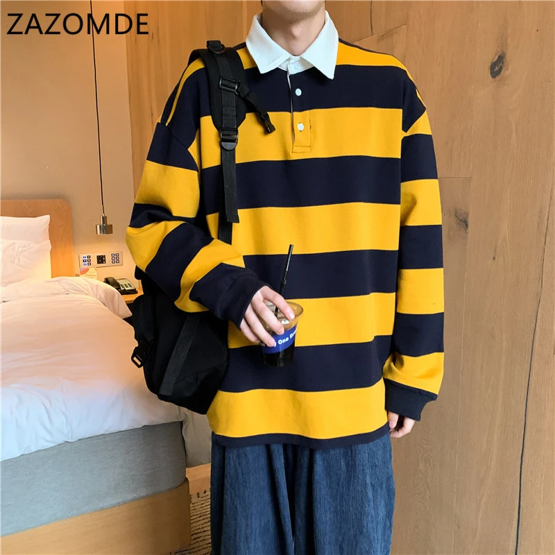

ZAZOMDE Autumn Long Sleeves Harajuku Korea Fashion Striped Loose Polo Shirts Streetwear Hip Hop Rock Punk Men'S Top Tees Clothes