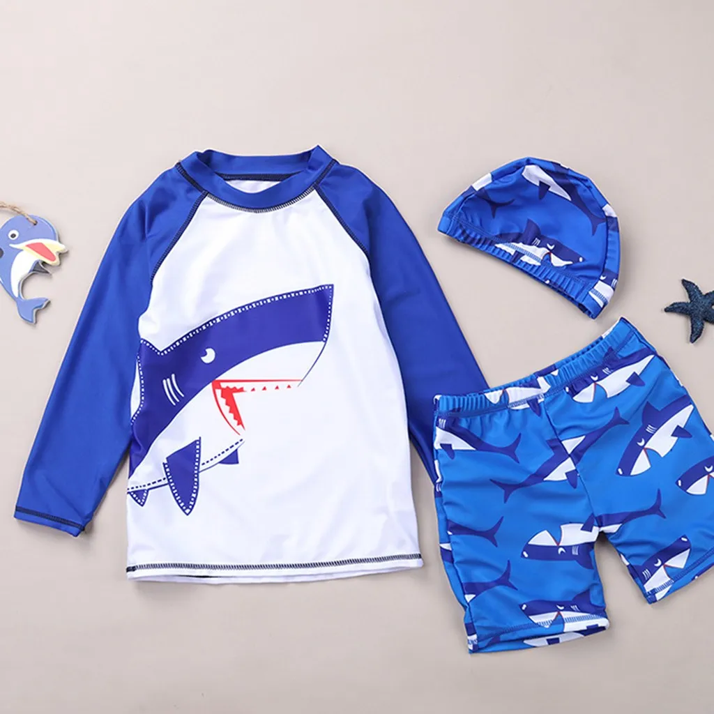 Children's Swimwear Trendy New X-Shark Baby Kids Boys Long Sleeve Printed Swimsuit Swim Tops Shorts With Hat Outfit #F | Спорт и