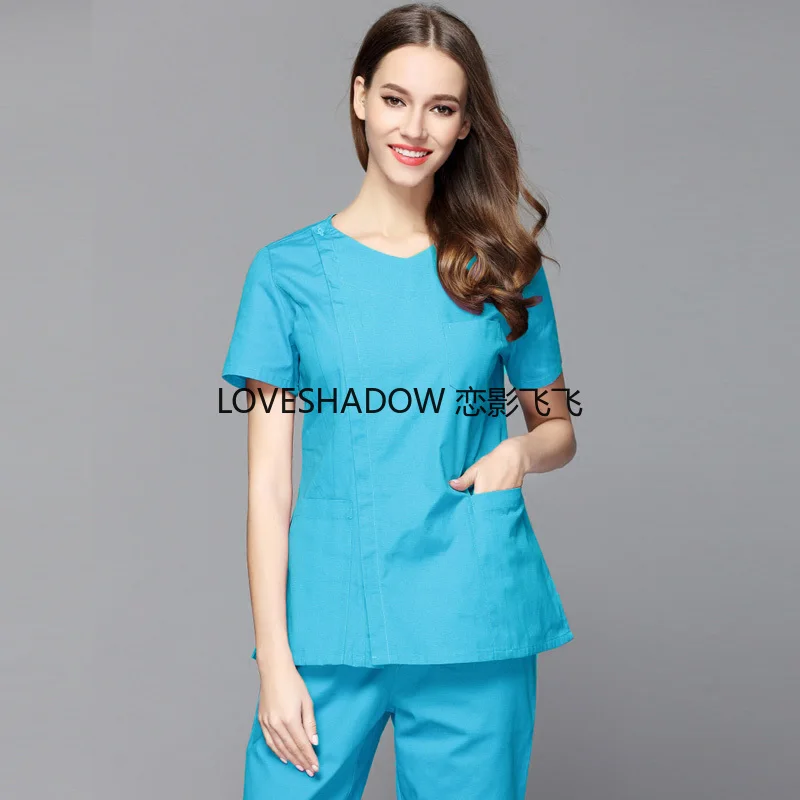 Скраб набор для женщин молния медицинская униформа из чистого хлопка с коротким рукавом доктор медсестры одежда для спа сторона открытие спереди рубашка брюки санитара - Цвет: lake blue SET