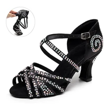 Girls Rhinestone Ballroom Dance Shoes Woman Flare Heel Bachata Salsa Latin Dancing Shoes Party Wedding Dance Sandals for Ladies