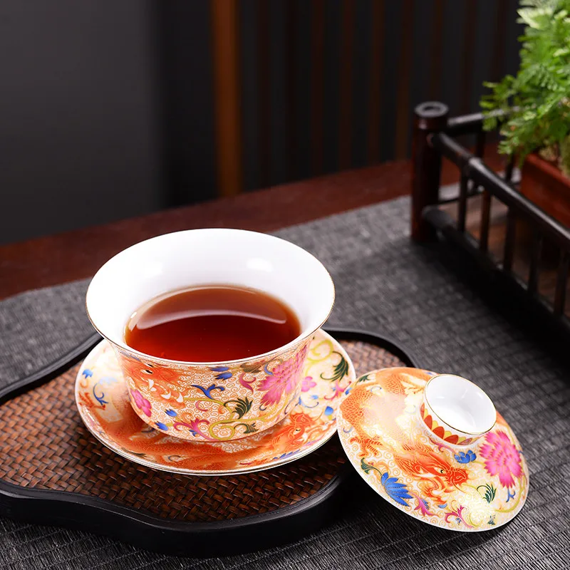 Ceramic Phoenix Gaiwan Tea Set Jingdezhen Color Enamel Cup with Lid Saucer Bone China Bowl Dragon Auspicious Tureen | Дом и сад