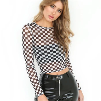 

2020 New Autumn Female Pullover Fashion Sexy Grid Round neck Thin section Gauze perspective Street style High Quality Women Tops