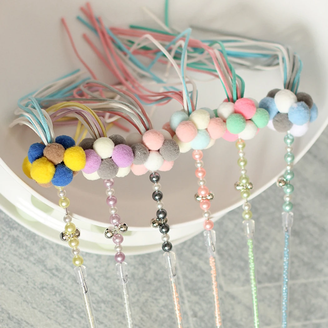 Cat Teaser Wand Beaded Kitten Stick Interactive Toy Colorful Pet Tassel With Pompom And Bell Supplies | Дом и сад