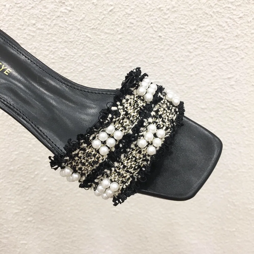 

Square Head Sandals Women's Chunky-Heel 2019 Summer New Style Fashion Tassels Pearl Beach Slippers Low Heel Peep-Toe Sandals