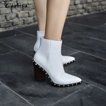

CIALISA Women Shoes Pointed Toe Genuine Leather Zipper Rivet Wedge Boot 2020 Fashion New Design White Super High Heel Ankle Boot