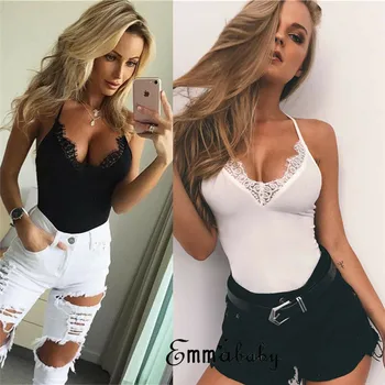 

hirigin 2020 Sexy Women Ladies Lace Deep V-neck Bodysuit Rompers Jumpsuit Summer Sleeveless Bodycon Bodysuit Women Jumpsuit Tops