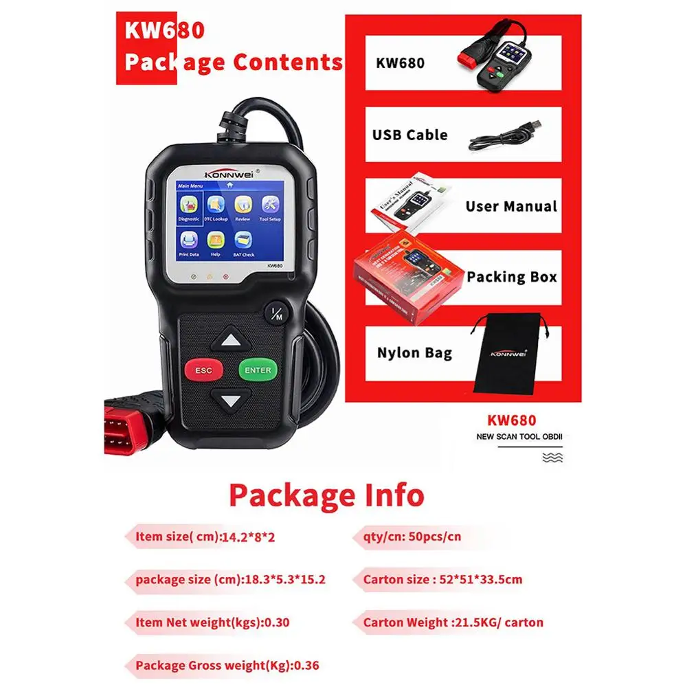 KONNWEI KW680 ODB2 сканер автомобильный диагностический инструмент OBDII OBD2 ODB автоматический сканер проверка двигателя встроенный динамик поддержка восьми языков