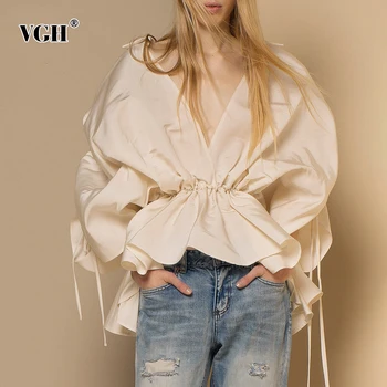 

VGH Apricot Drawstring Ruched Blouse For Women V Neck Lantern Short Sleeve High Waist Asymmetrical Hem Blouses Female New Summer