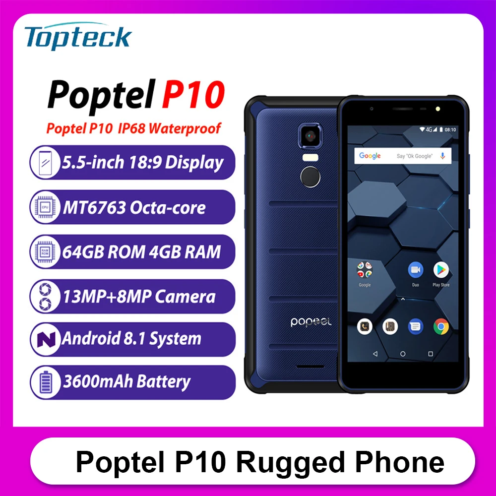 Poptel P10 IP68 Водонепроницаемый 64 ГБ 4 Гб 3600 мА/ч 5 дюймов HD 4G мобильный телефон Android 8 1