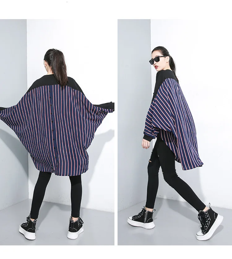 TVVOVVIN Autumn New Stitching Striped Round Neck T-shirt Women Cotton Wild Casual Ladies T Shirts Bat-wing Sleeve Tops X045
