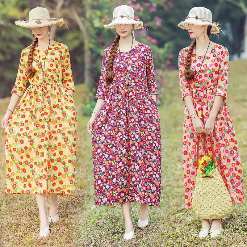 

2019 Spring And Summer New Style Retro Cotton Linen V-neck Loose-Fit Literature And Art Waist Hugging Long Dress Belt Included