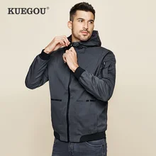 KUEGOU Осенняя серая Повседневная куртка с капюшоном для мужчин и пальто для верхней одежды хип-хоп Японская уличная одежда корейская винтажная одежда 3843
