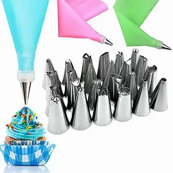 

26 PCS/Set Silicone Pastry Bag Tips Kitchen DIY Icing Piping Cream Reusable Pastry Bags +24 Nozzle Set Cake Decorating Tools