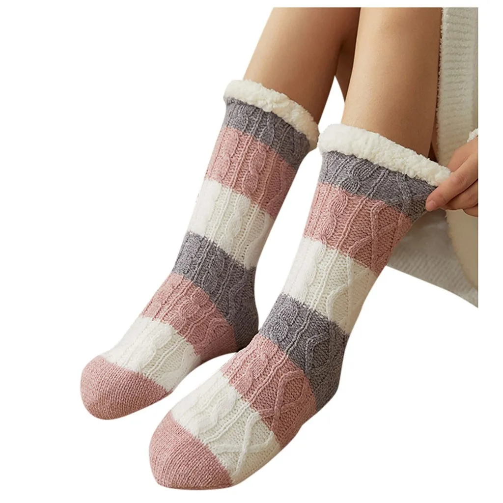 Для женщин носки на зиму, удерживающие тепло Для женщин для девочек в полоску с принтом Повседневное Нескользящие теплые зимние сапоги до середины трубка носки милые забавные женские skarpetki