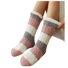 Для женщин носки на зиму, удерживающие тепло Для женщин для девочек в полоску с принтом Повседневное Нескользящие теплые зимние сапоги до середины трубка носки милые забавные женские skarpetki