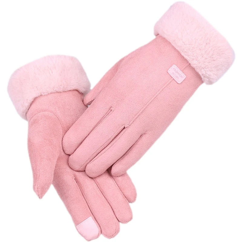 Autumn and Winter Suede Gloves Women's Warm Press Screen Haired Gloves Riding Plus Velvet Thick Gloves Women