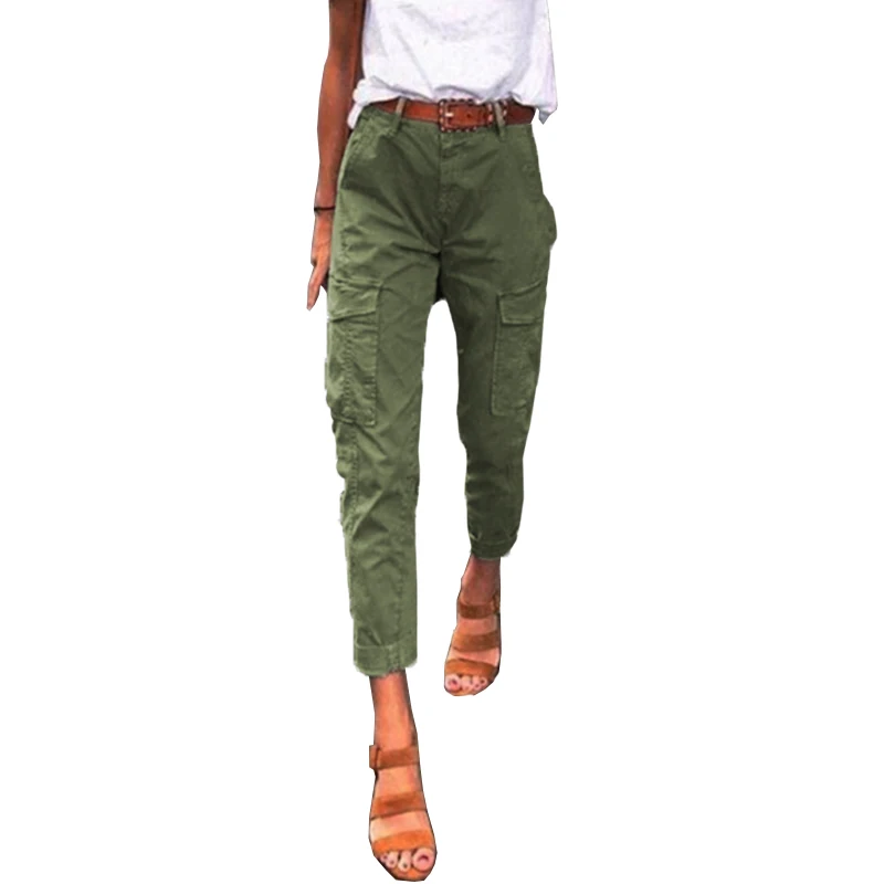 Женские модные брюки карго Pantalon ZANZEA 2019 Осенние рабочие комбинезоны с карманами повседневные однотонные хлопковые укороченные брюки на