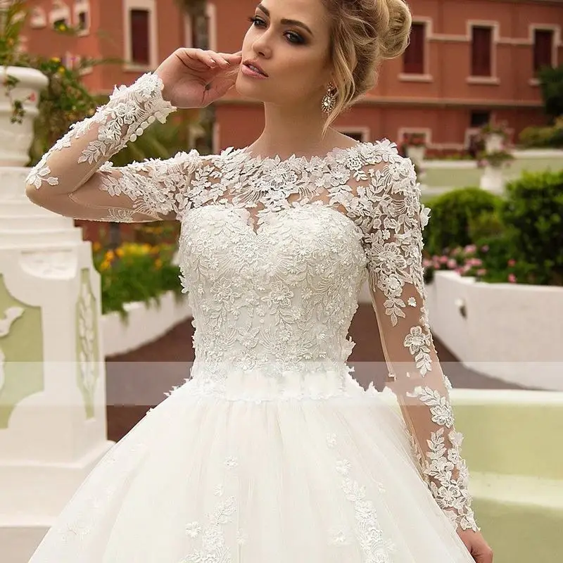 Vestido de Noiva очаровательный кружевной длинные рукав с накладной аппликацией ТРАПЕЦИЕВИДНОЕ свадебное платье Элегантное глубокое круглое декольте, на шнуровке, платье принцессы, невесты