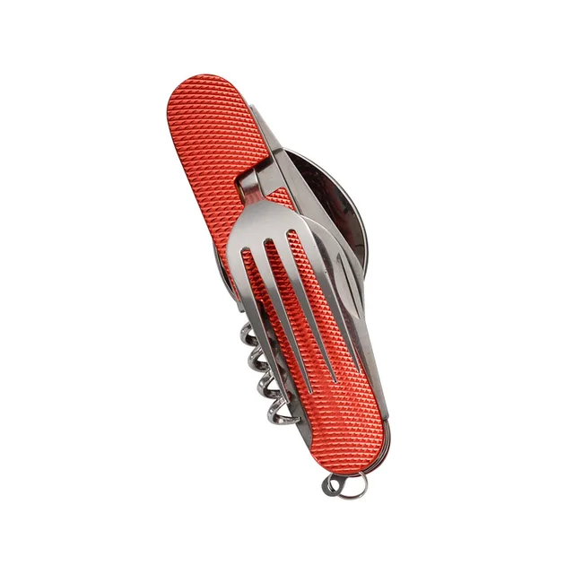 Hot sale knife and fork combination portable 6 in 1 stainless steel folding cutlery set for outdoor camping picnic travel Red