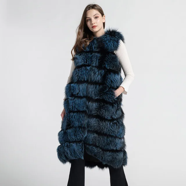 Silver Fox Blue Женский Длинный жилет на натуральном меху жилет из лисьего меха натуральный мех толстый теплый пушистый мех S7554 - Цвет: Silver Fox Blue
