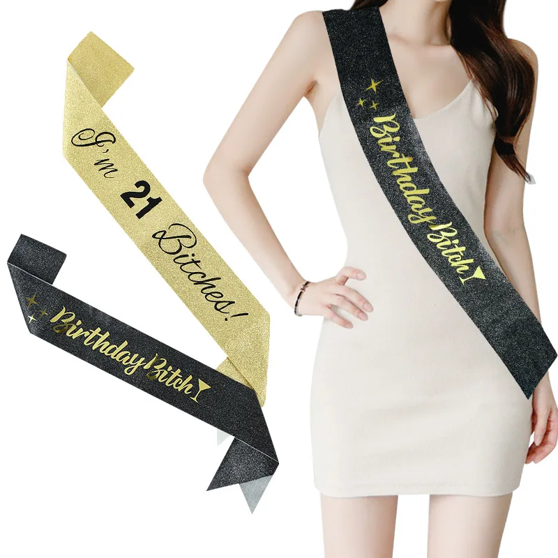 Gold Silver Glitter Birthday Sash Rhinestone Tiara 18th Crystal Crown Birthday Queen Satin Ribbon Sash For Birthday Party Decor