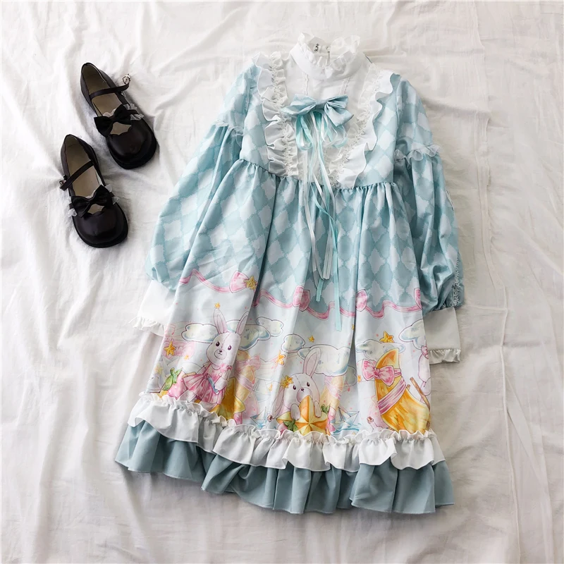 Милое женское платье в стиле Лолиты с длинным рукавом, платье с воротником-хомутом и лентой, платье фэйри, цельное, 4 цвета - Цвет: Mint