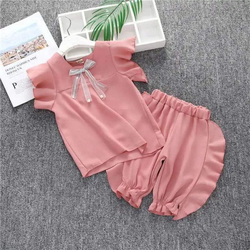 2020 New Girl Summer Suit Female Baby Clothes Korean Version of T-shirt Shorts Small Children Flying Sleeve 2PCS | Мать и ребенок