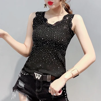 

2020 Summer Korean Clothes Lace Diamonds Vest Women Cotton Fashion Sleeveless Tank Tops Ropa Mujer Bottoming Shirt Black T02424