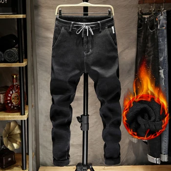 

Casual warm velvet plus jeans men's autumn and winter fashion solid color jeans Scratched jeans men large size 5XL 6XL 7XL