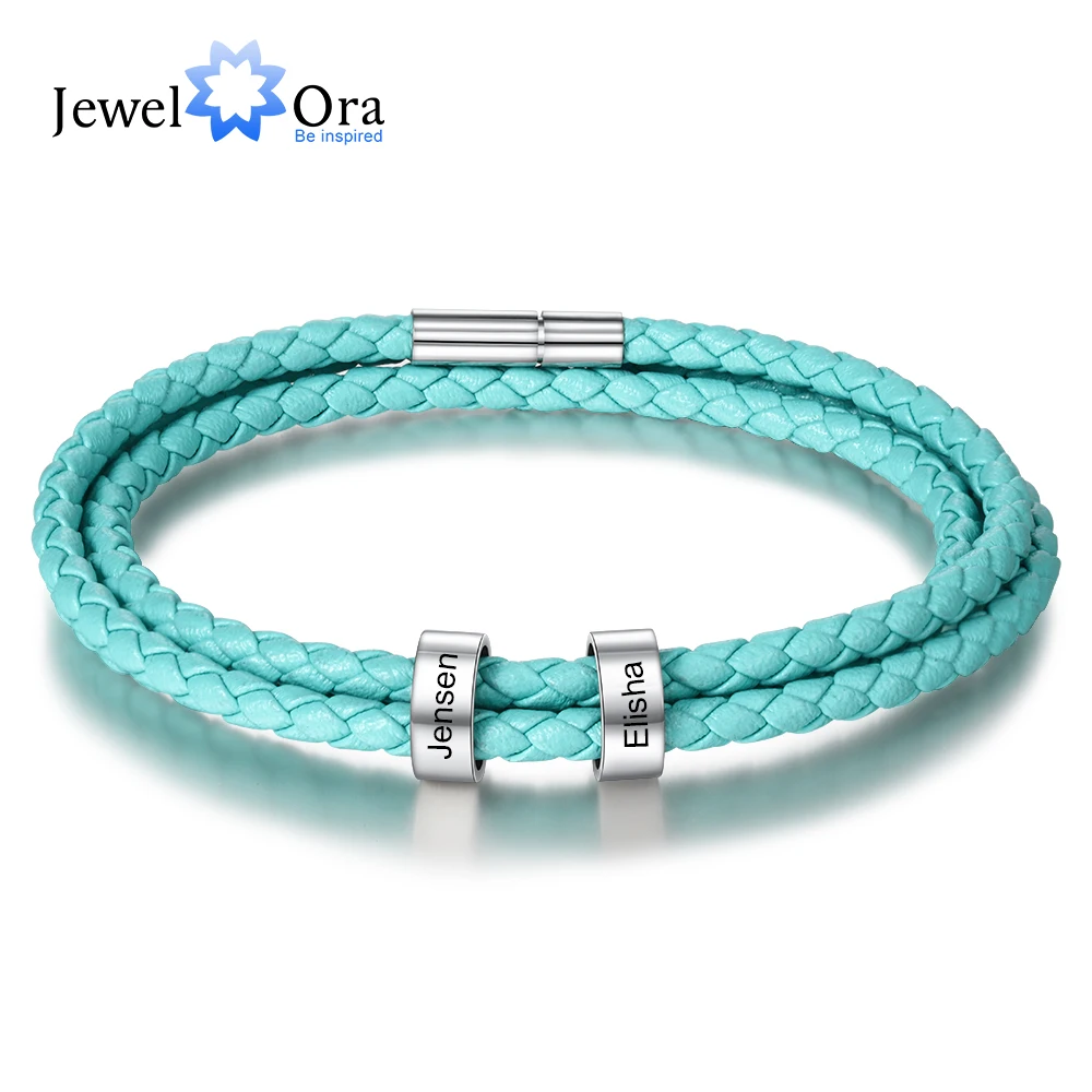 Personalized 2 Names Beads Charm Bracelets for Women Men Unisex Custom Engraving Stainless Steel Leather Bracelet Gift for Lover