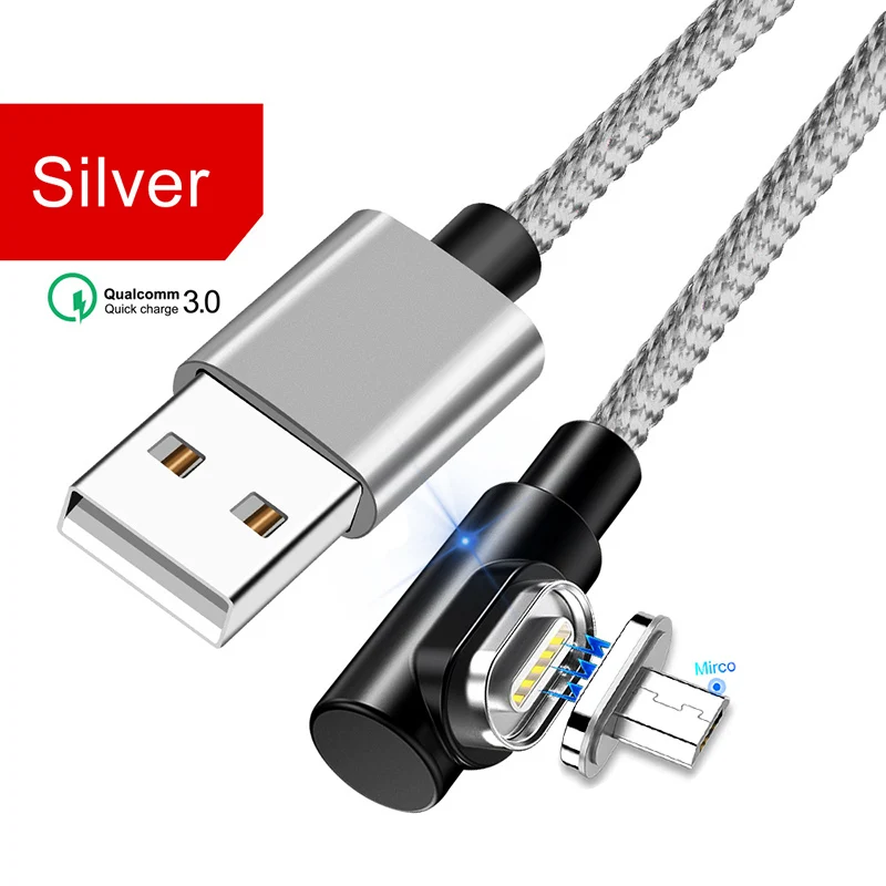OneVan Магнитный usb-кабель для зарядки, локоть 3.0A кабель для быстрой зарядки для IPhone X XR Micro usb type C huawei Xiaomi samsung Phone - Цвет: Silver For Micro
