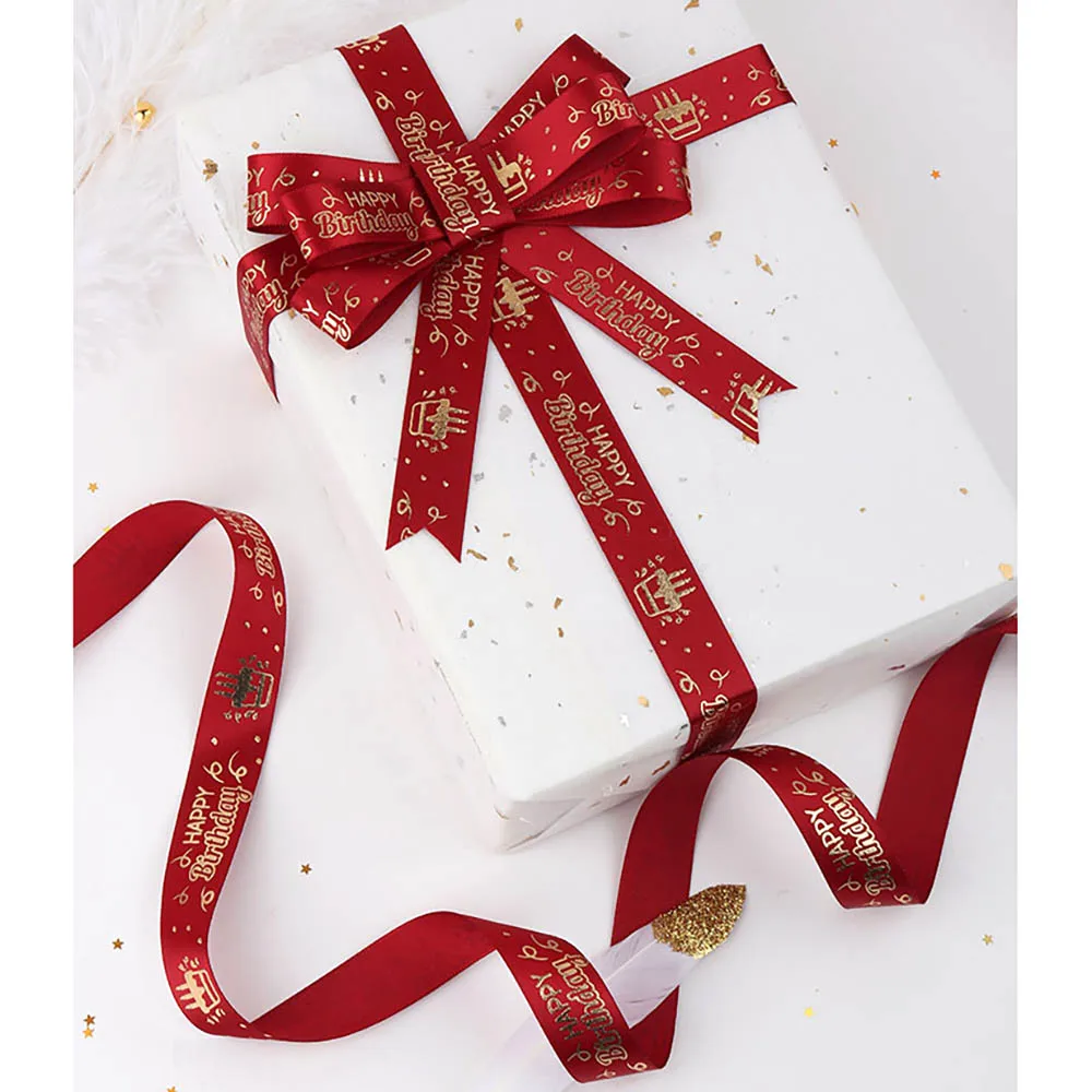 5Yards Gilding Happy Birthday Satin Ribbons Printed Handmade Birthday Gifts Box Packaging Craft Accessories Party Baking Decor satin ribbons satin ribbon ribbon decoration ribbon supplies wrapping ribbon