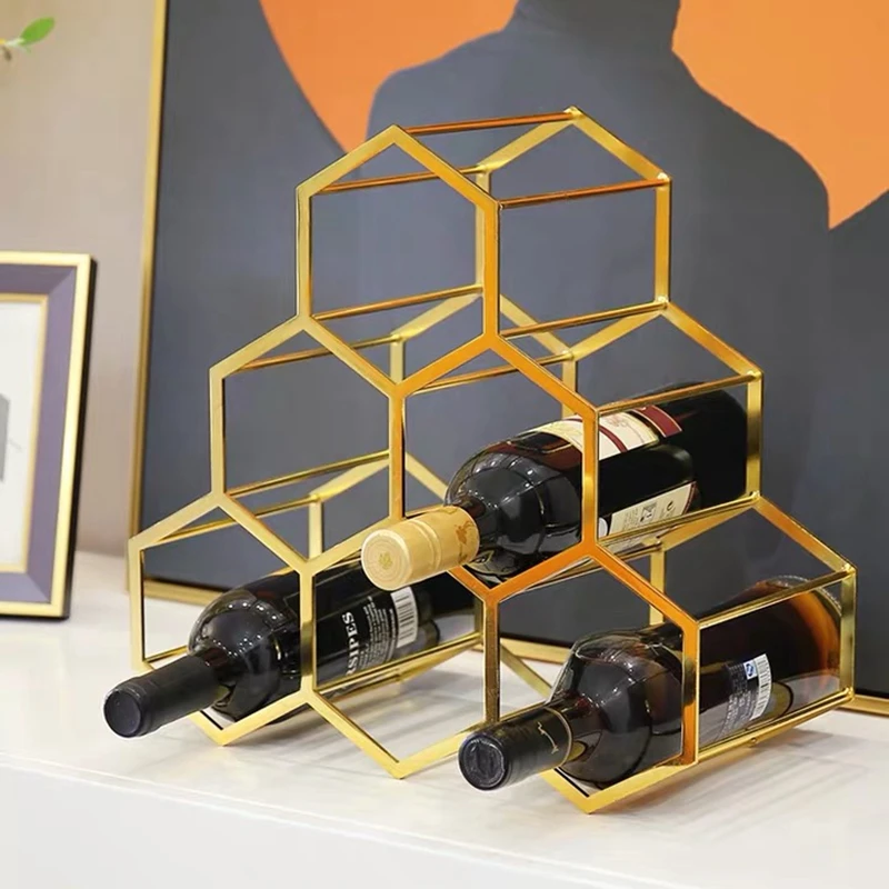 Benjara Galvanized Metal Tabletop Rack with 6 Honeycomb Design Bottle Storage