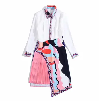 

Spring 2020 for European and American women's wear Long sleeve lapel Splicing irregular pleats printing Fashion dress