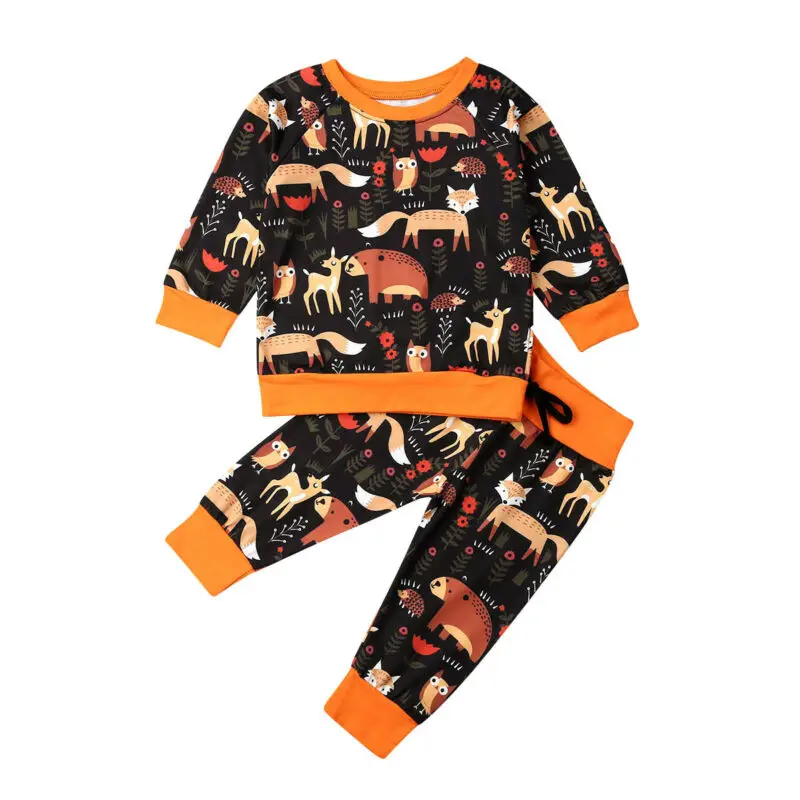 2019 New Infant Kids Baby Boy Girl Outfits Long Sleeve Pullover Cartoon T-Shirt Tops Pant Trouser 2PCS Autumn Clothing Set | Детская