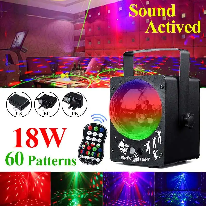 

60 Modes Sound Activated Rotating Disco Ball RGB Party Strobes Laser Light LED Stage Projection Lamp Christmas Home KTV Wedding